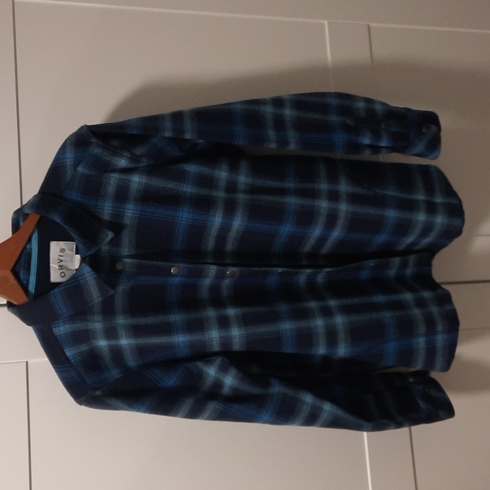 Orvis Women's XXL blue plaid thick warm flannel with  snap buttons